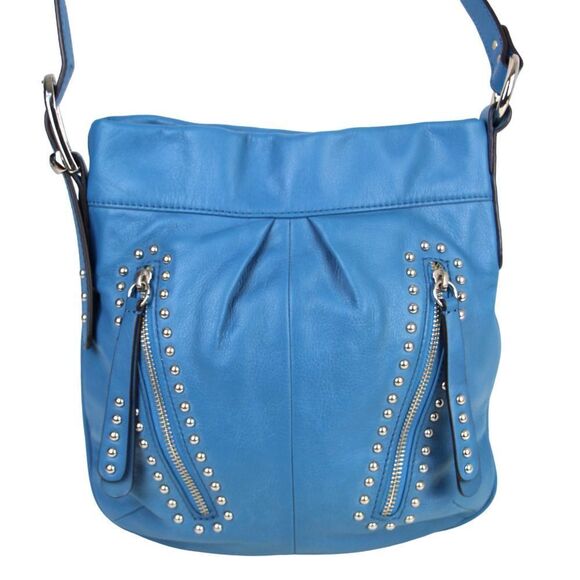 B.Makowsky BLUE GENUINE LEATHER STUDDED ZIP POCKET CROSSBODY SHOULDER BAG PURSE - Picture 2 of 16